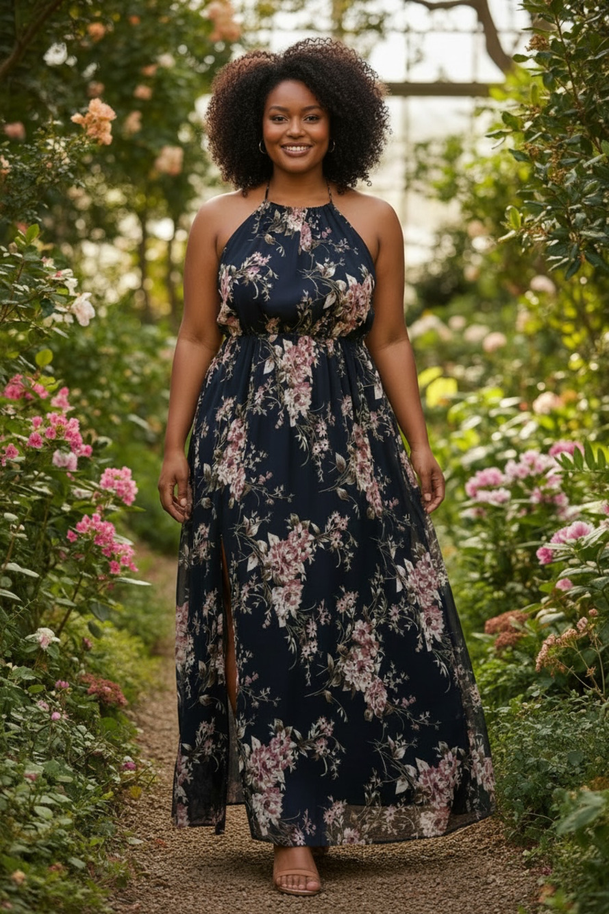 Flowy Romantic Floral Print Halter Maxi Summer  Dress